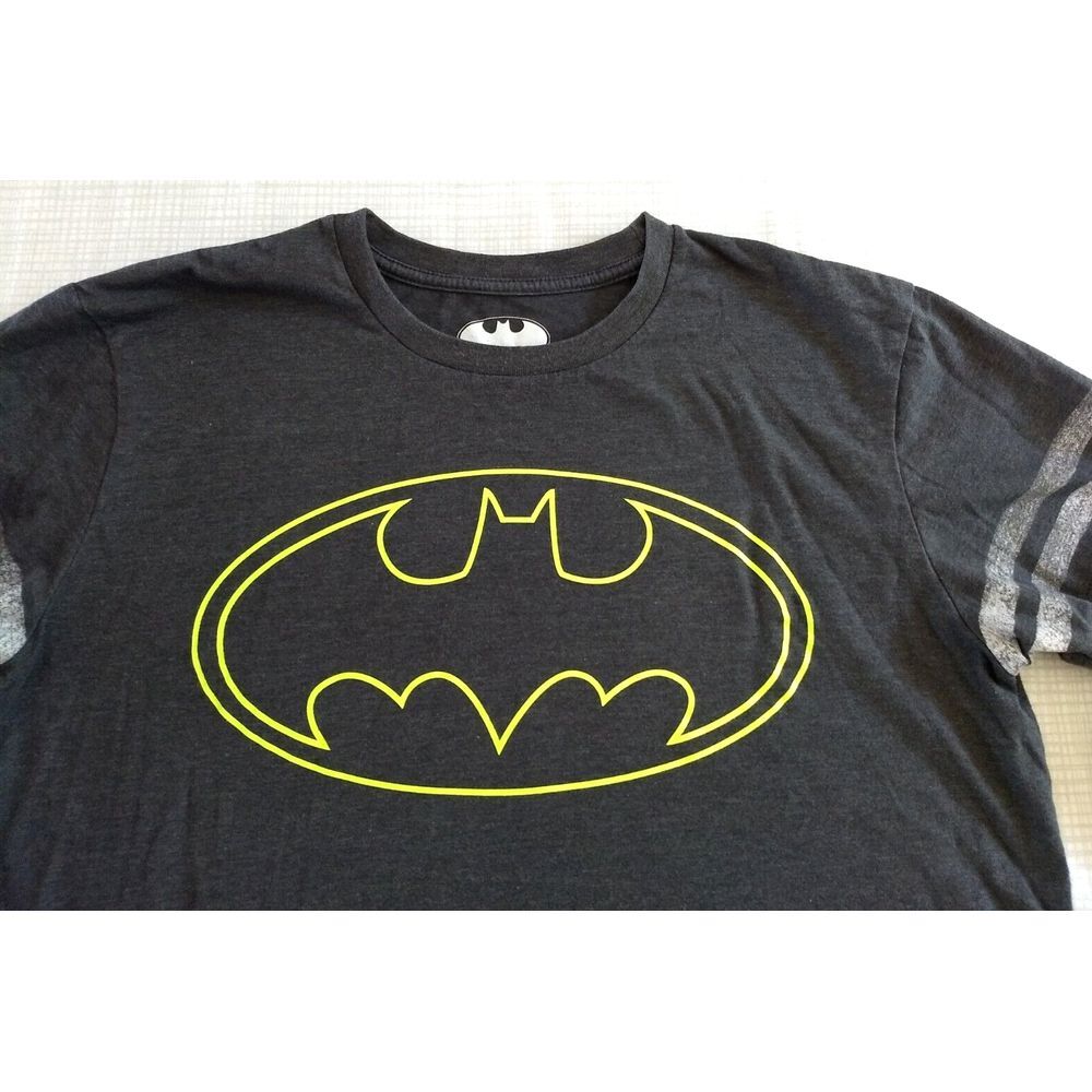 Batman Long Sleeve T-Shirt Mens M Heather Gray Neon Yellow Logo DC Comics - Picture 2 of 14